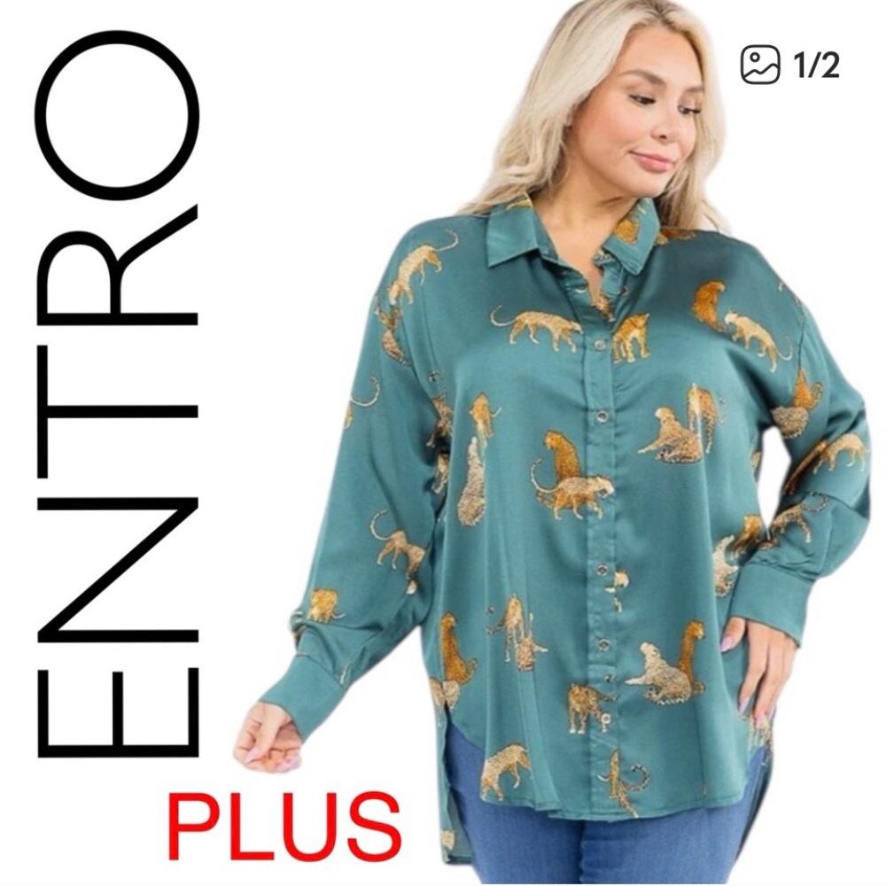 Entro blouse buttondown long sleeve teal fabric tan leopard jaguar silhouettes - Picture 5 of 9